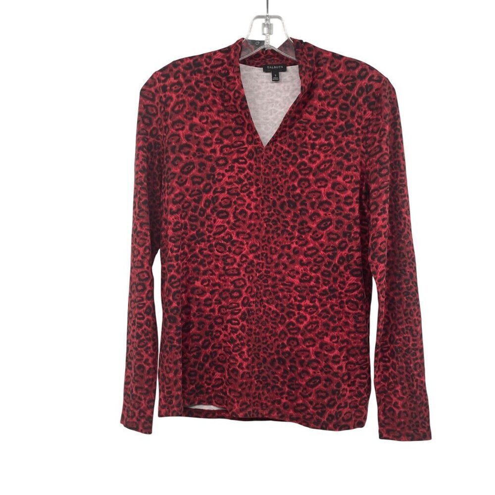 Talbots Womens Cheetah Print Top Long Sleeve V-Neck Burgundy/Black Size Small